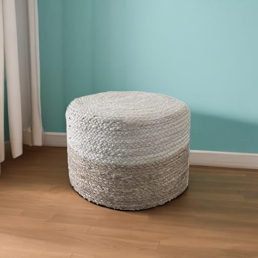 S & L Homes Pouf Ottoman - 100% Jute Braided Footrest Pouf Hand Knitted Traditional Cord Boho Pouffe for Living Room, Bedroom, Nursery, Patio, Lounge Colorblock - Natural Ivory (18”x18”x12”)