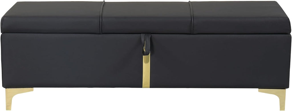 Elegant Black Upholstered Storage Ottoman Bench with Metal Legs, Fully Assembled PU Leather Seat for Living Room & Bedroom Organization