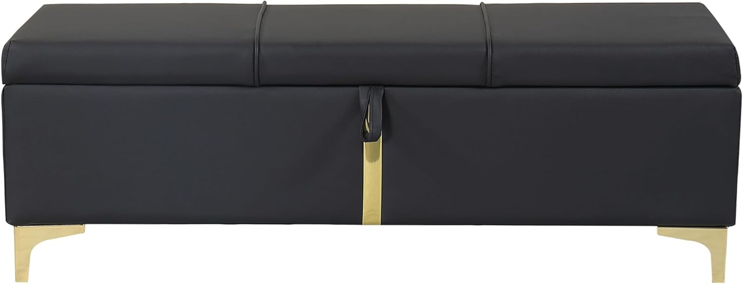 Elegant Black Upholstered Storage Ottoman Bench with Metal Legs, Fully Assembled PU Leather Seat for Living Room & Bedroom Organization