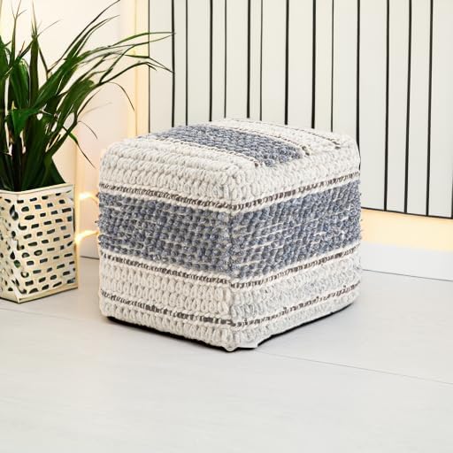 SIMPLIHOME Grady Boho Square Pouf in Blue, Natural Handloom Woven for the Living Room, Bedroom and Kids Room