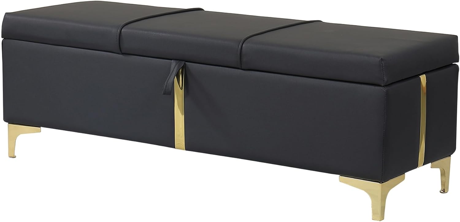 Elegant Black Upholstered Storage Ottoman Bench with Metal Legs, Fully Assembled PU Leather Seat for Living Room & Bedroom Organization