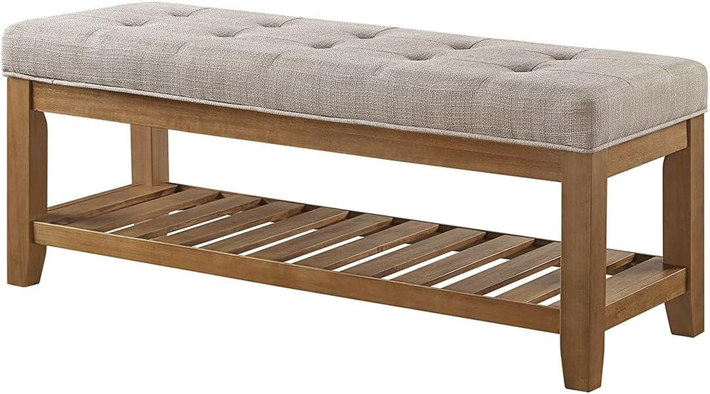 24KF Large Rectangular Upholstered Tufted Linen Fabric Ottoman Bench, Padded Bench with Solid Wood Shelf-Linen