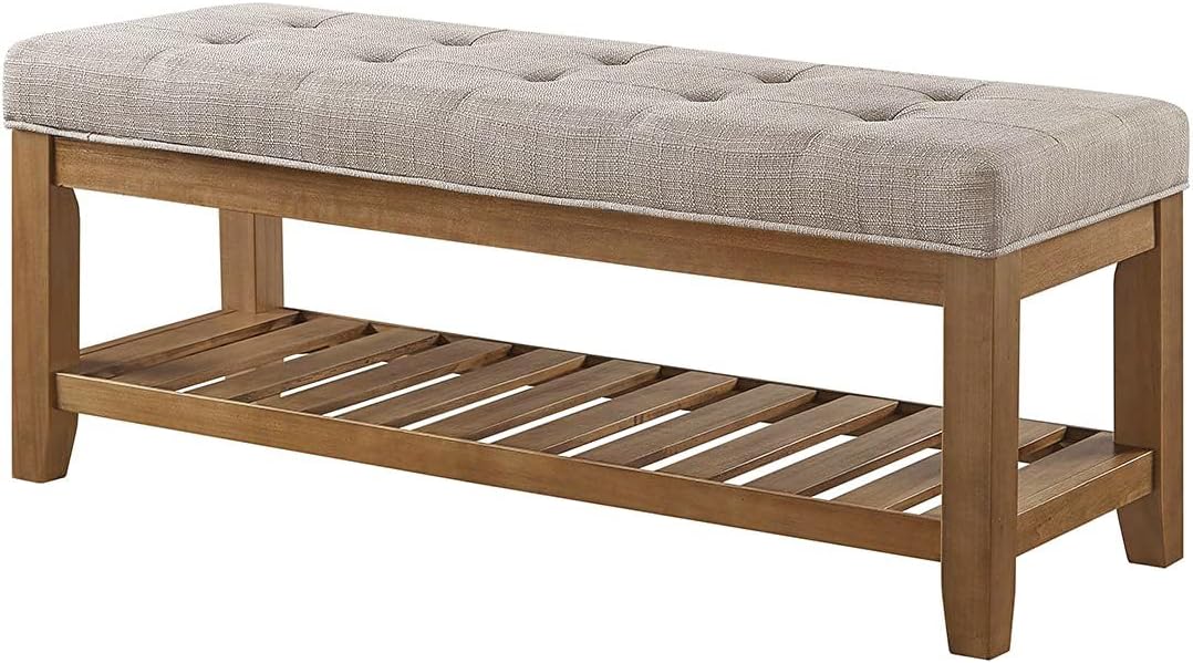24KF Large Rectangular Upholstered Tufted Linen Fabric Ottoman Bench, Padded Bench with Solid Wood Shelf-Linen
