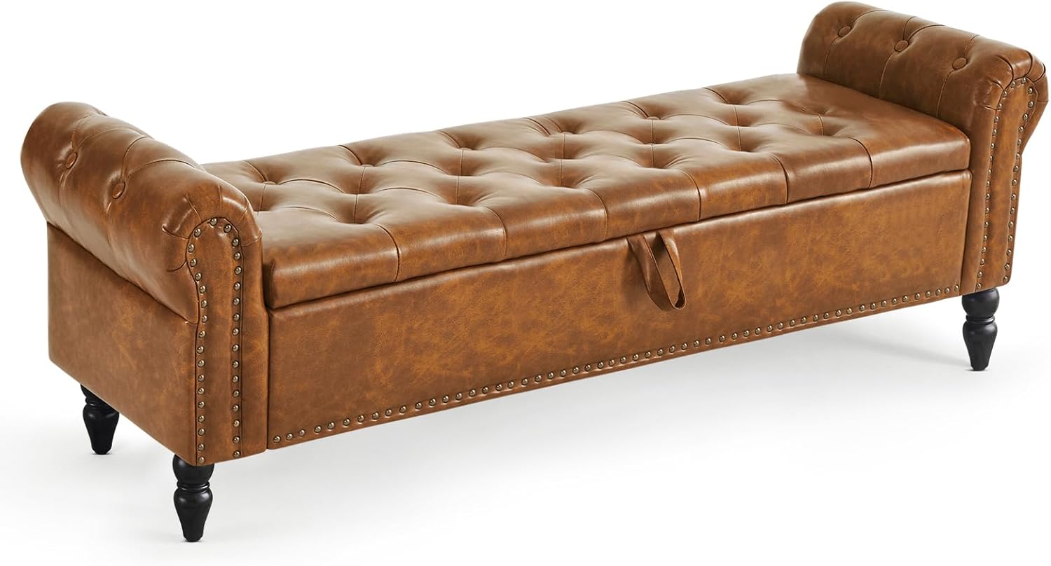 Furniliving 51” Storage Benches, End of Bed Bench with Button-Tufted Large Upholstered Storage Ottoman Linen Window Bench with Storage Shoe Cabinet Bench, for Bedroom, Entryway, Closet, Beige