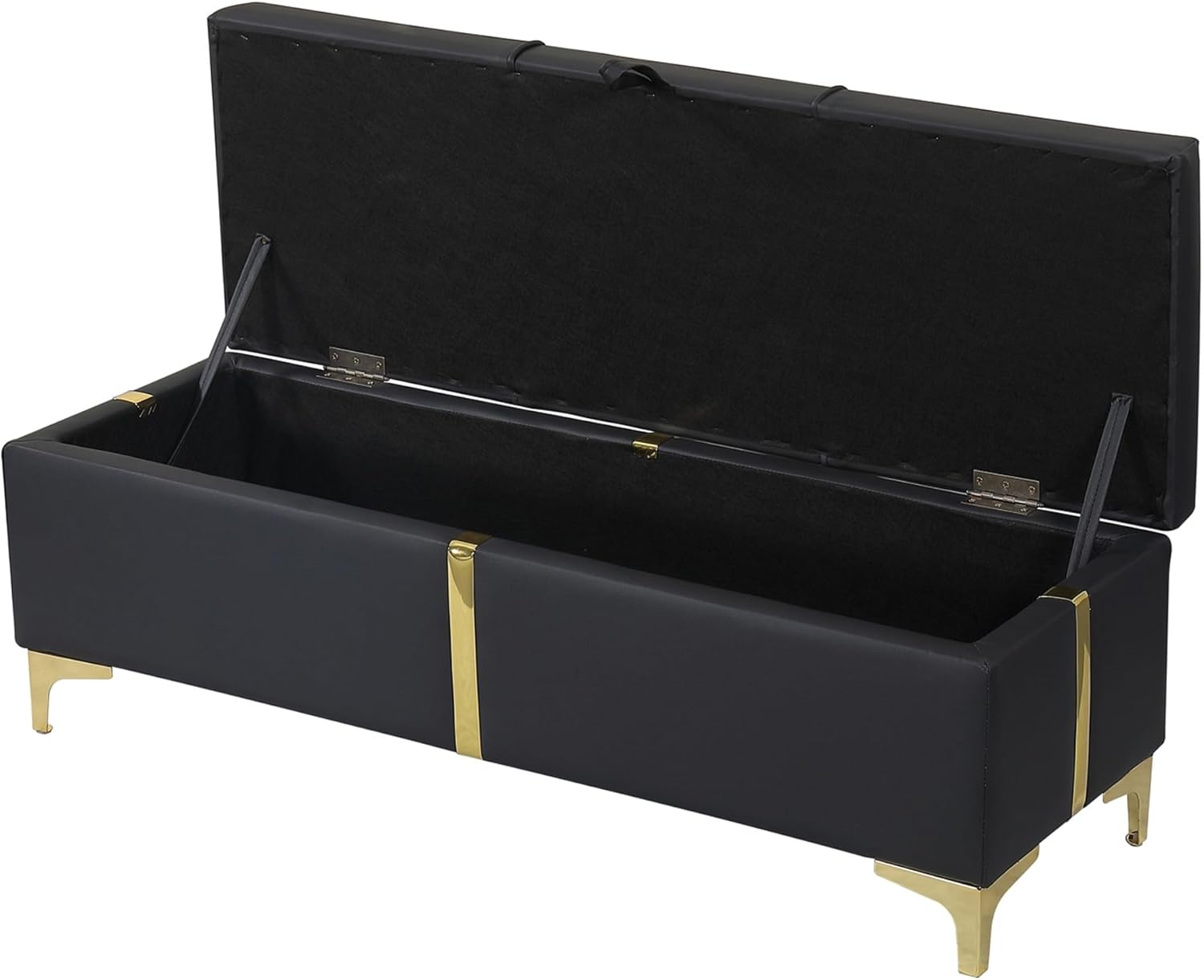 Elegant Black Upholstered Storage Ottoman Bench with Metal Legs, Fully Assembled PU Leather Seat for Living Room & Bedroom Organization