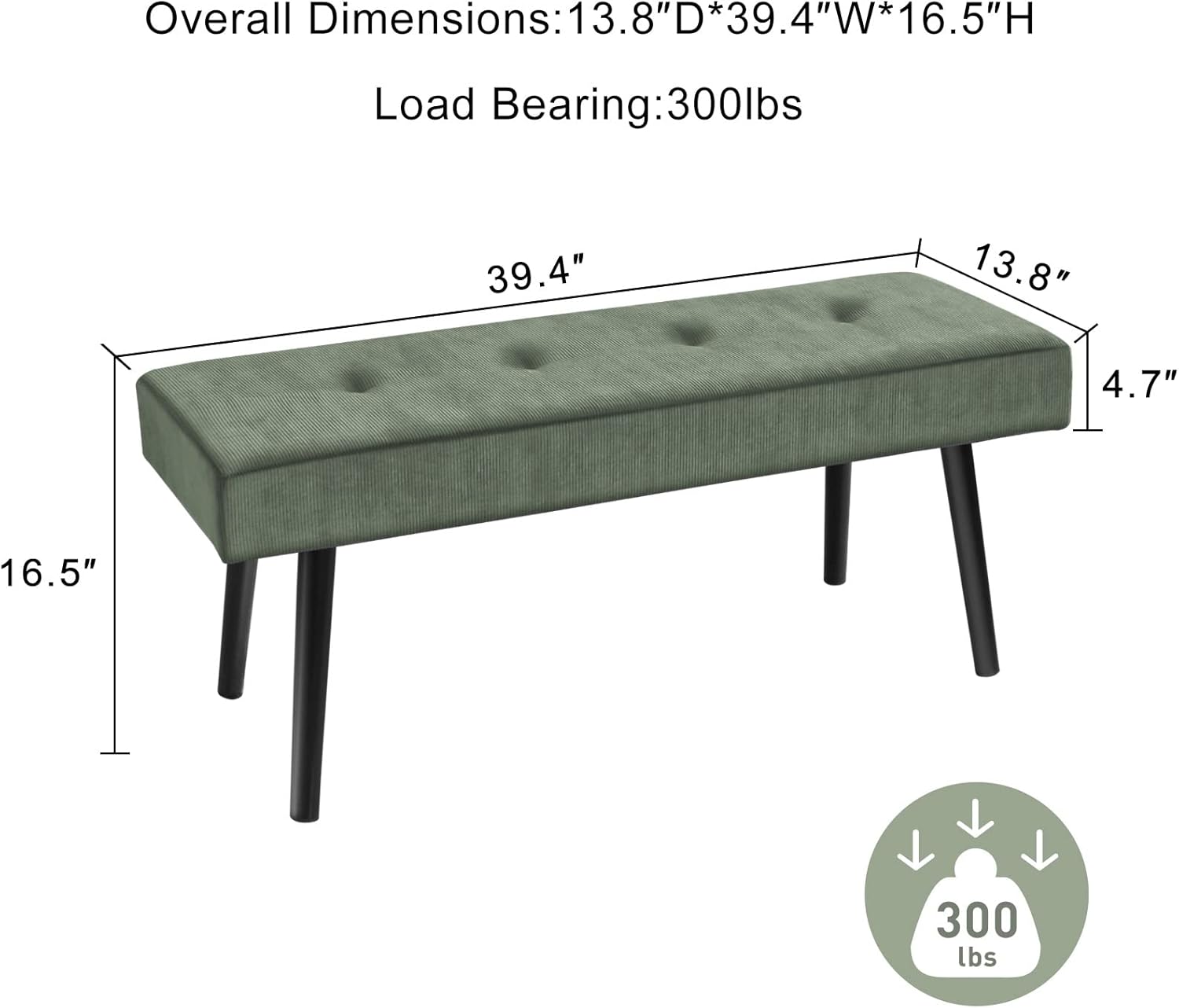 Entryway Bench - Green Bench for Bedroom, Modern Ottoman End of Bed, Corduroy Padded Benches for Living Room, Foyer, Mudroom, Hallway - 39" L x 14" W x 17" H