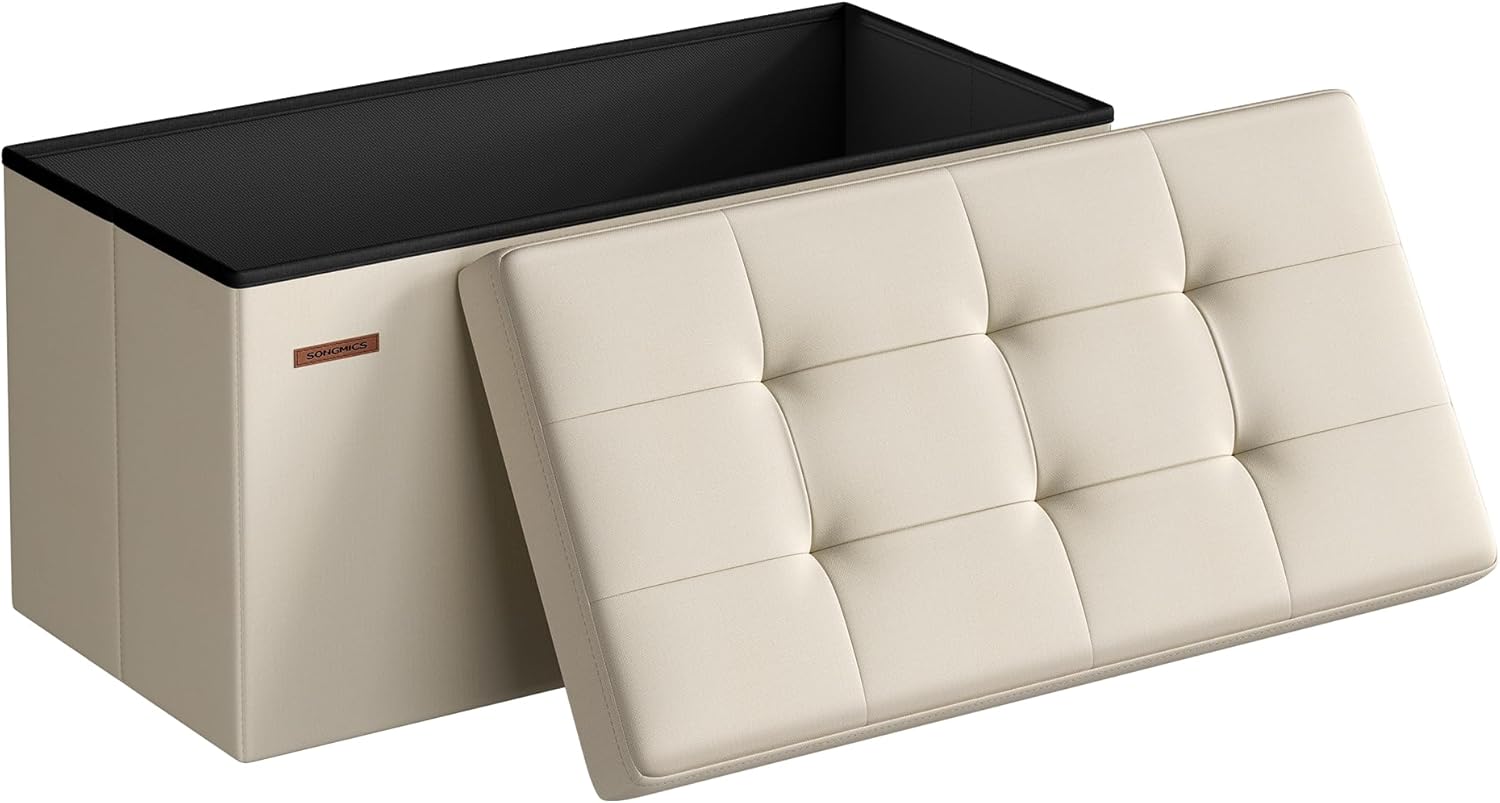 SONGMICS MAZIE Collection - 43 Inches Folding Storage Ottoman Bench, Ottoman Foot Rest, End of Bed Bench, Storage Chest, Load 660 lb, for Living Room, Bedroom, Entryway, Dark Gray ULSF77K