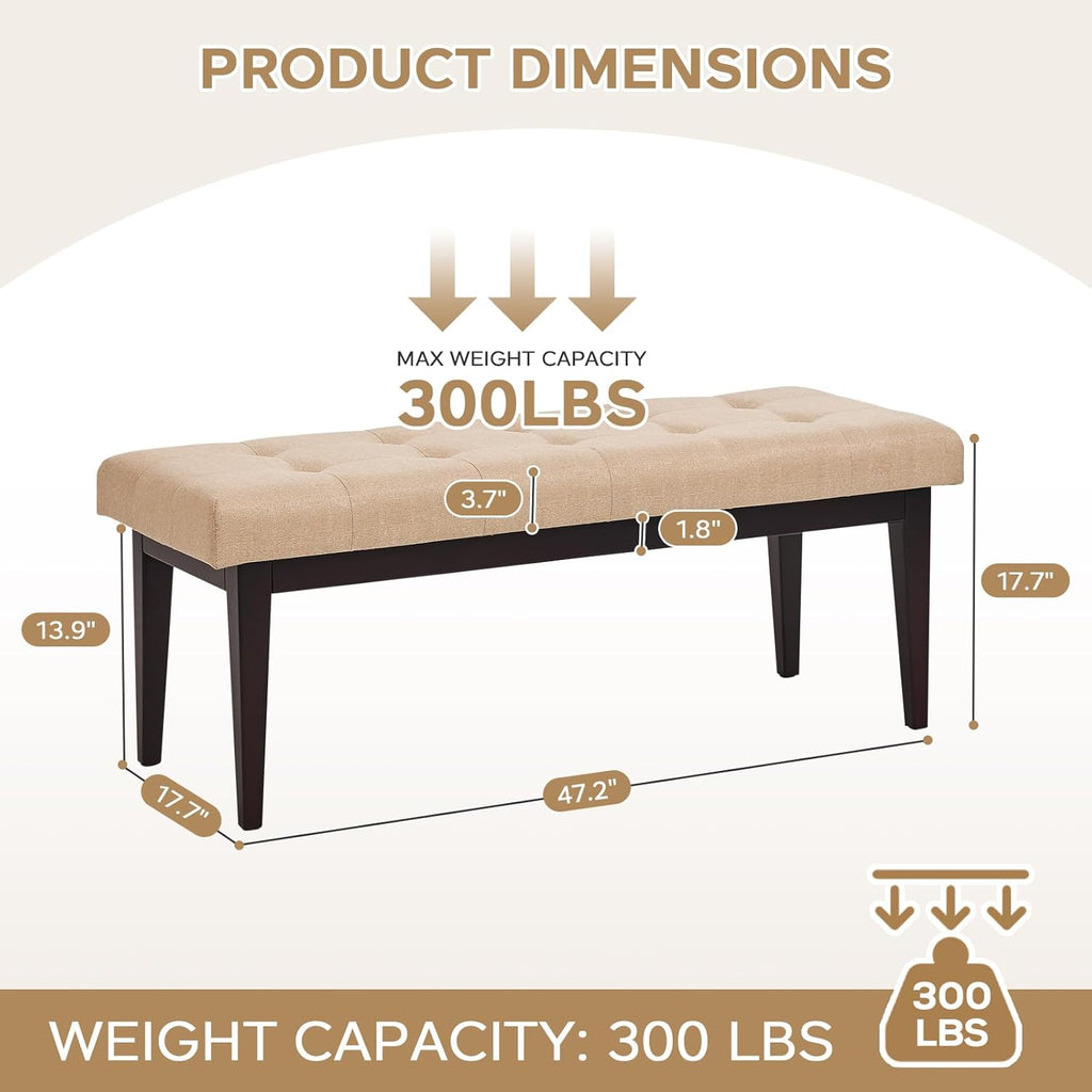 End of Bed Bench, 47.2" Linen Button-Tufted Upholstered Rubberwood Bench for Bedroom with Padded Cushion, Modern Shoe Bench Bedroom Bench for Living Room Entryway Dining Room Hallway, 300 LB, Beige