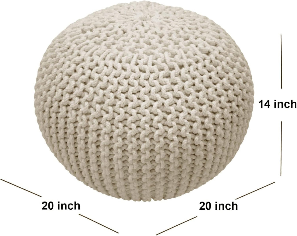 FRELISH DECOR Round Pouf Ottoman Hand Knitted 100% Cotton Pouf Foot Stool - Knitted Bean Bag - Floor Chair for Living Room Bedroom - Foot Rest for Couch (20 Diameter x 14 Height) - Natural