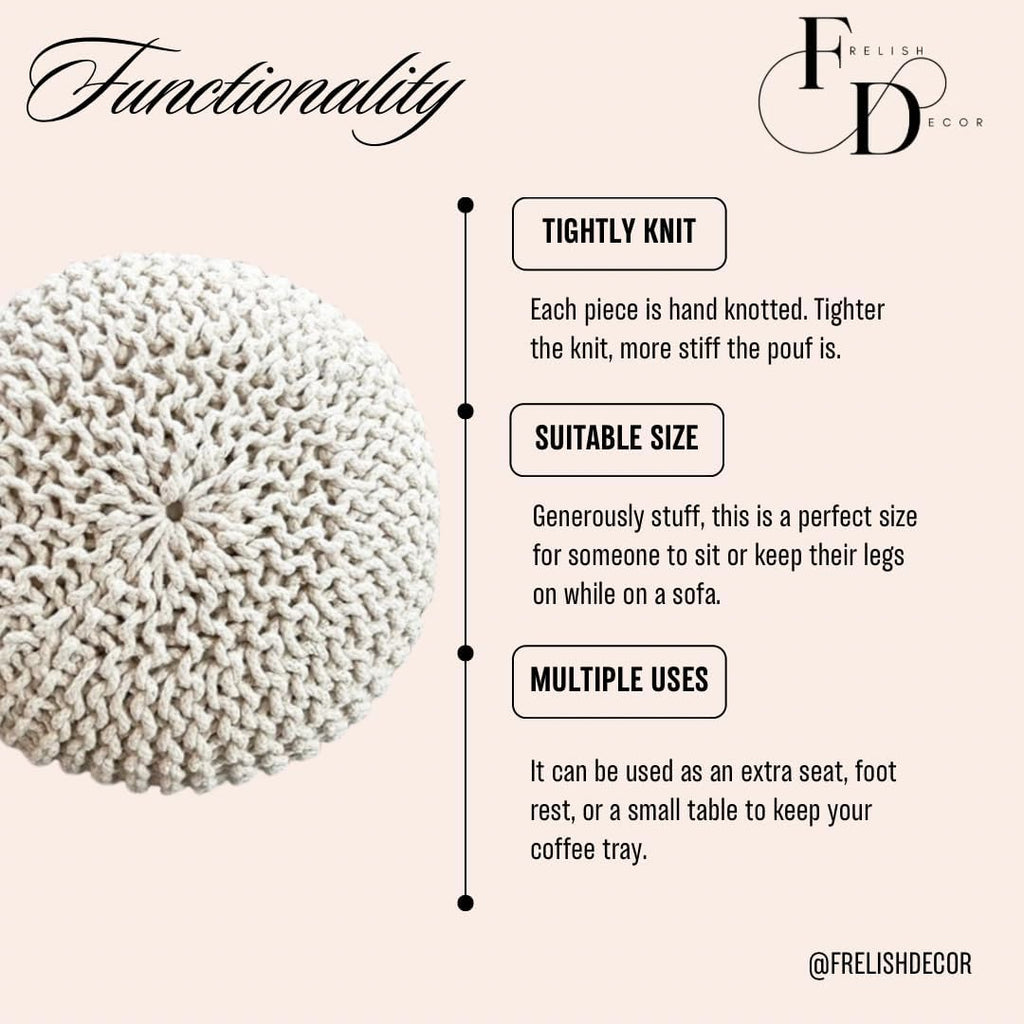 FRELISH DECOR Round Pouf Ottoman Hand Knitted 100% Cotton Pouf Foot Stool - Knitted Bean Bag - Floor Chair for Living Room Bedroom - Foot Rest for Couch (20 Diameter x 14 Height) - Natural