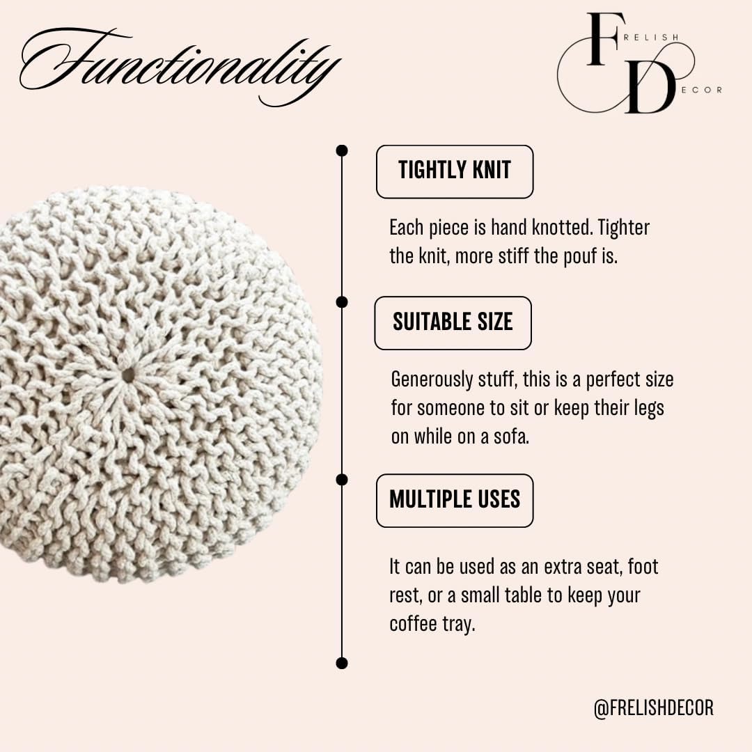 FRELISH DECOR Round Pouf Ottoman Hand Knitted 100% Cotton Pouf Foot Stool - Knitted Bean Bag - Floor Chair for Living Room Bedroom - Foot Rest for Couch (20 Diameter x 14 Height) - Natural
