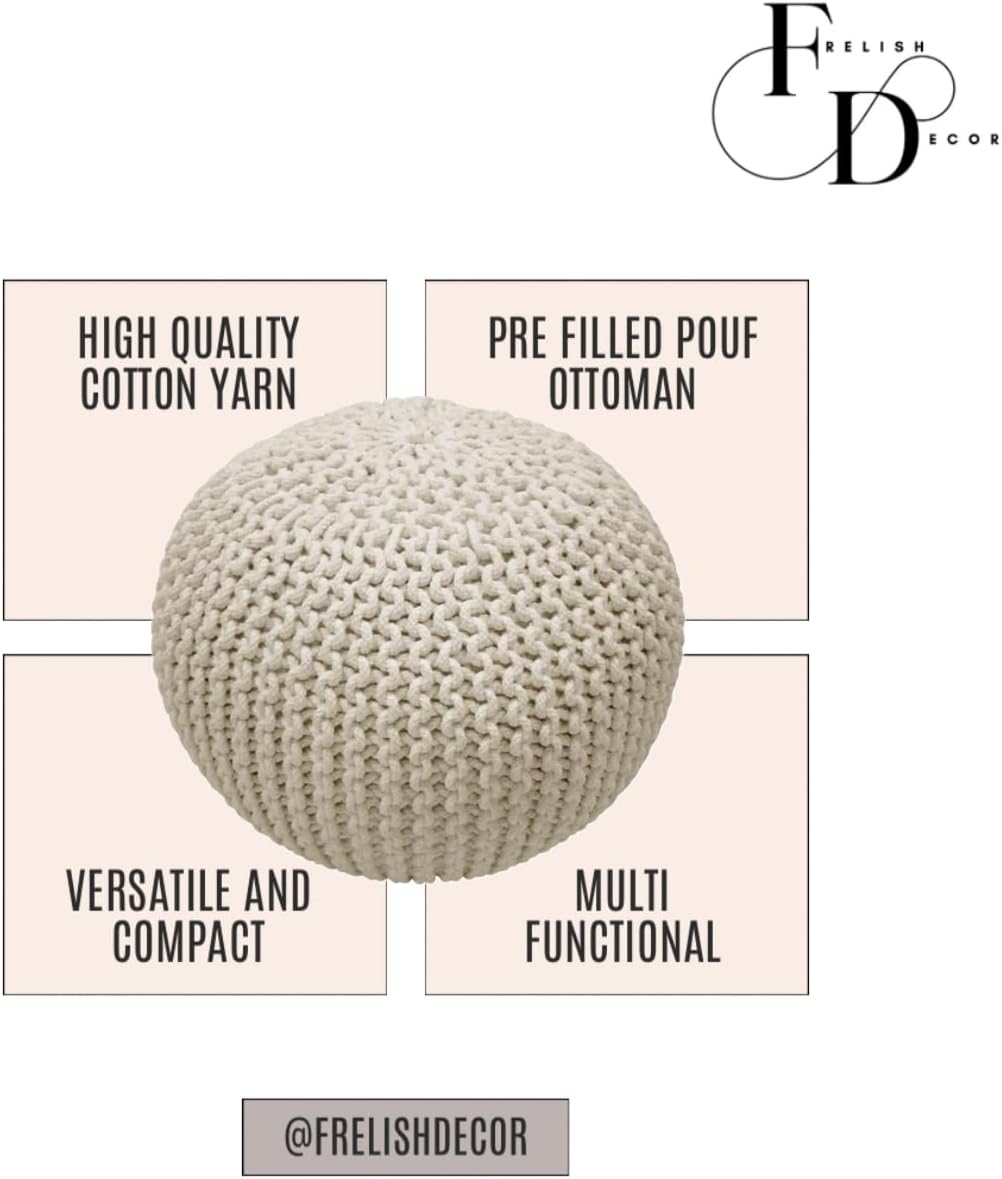 FRELISH DECOR Round Pouf Ottoman Hand Knitted 100% Cotton Pouf Foot Stool - Knitted Bean Bag - Floor Chair for Living Room Bedroom - Foot Rest for Couch (20 Diameter x 14 Height) - Natural