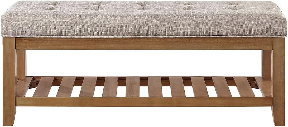 24KF Large Rectangular Upholstered Tufted Linen Fabric Ottoman Bench, Padded Bench with Solid Wood Shelf-Linen