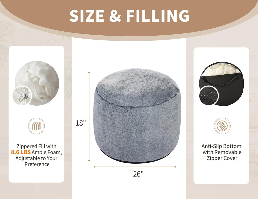 Round Pouf Ottoman Foot Rest Plush Ottoman Footstools for The Living Room Ottomans Stuffed Full of Foam Blocks 26 * 18" Large Foot Stool Dark Grey Footrests Hassocks and Ottomans Set