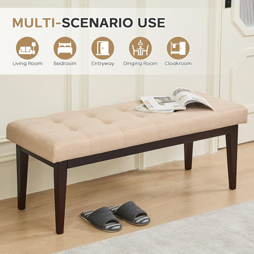 End of Bed Bench, 47.2" Linen Button-Tufted Upholstered Rubberwood Bench for Bedroom with Padded Cushion, Modern Shoe Bench Bedroom Bench for Living Room Entryway Dining Room Hallway, 300 LB, Beige