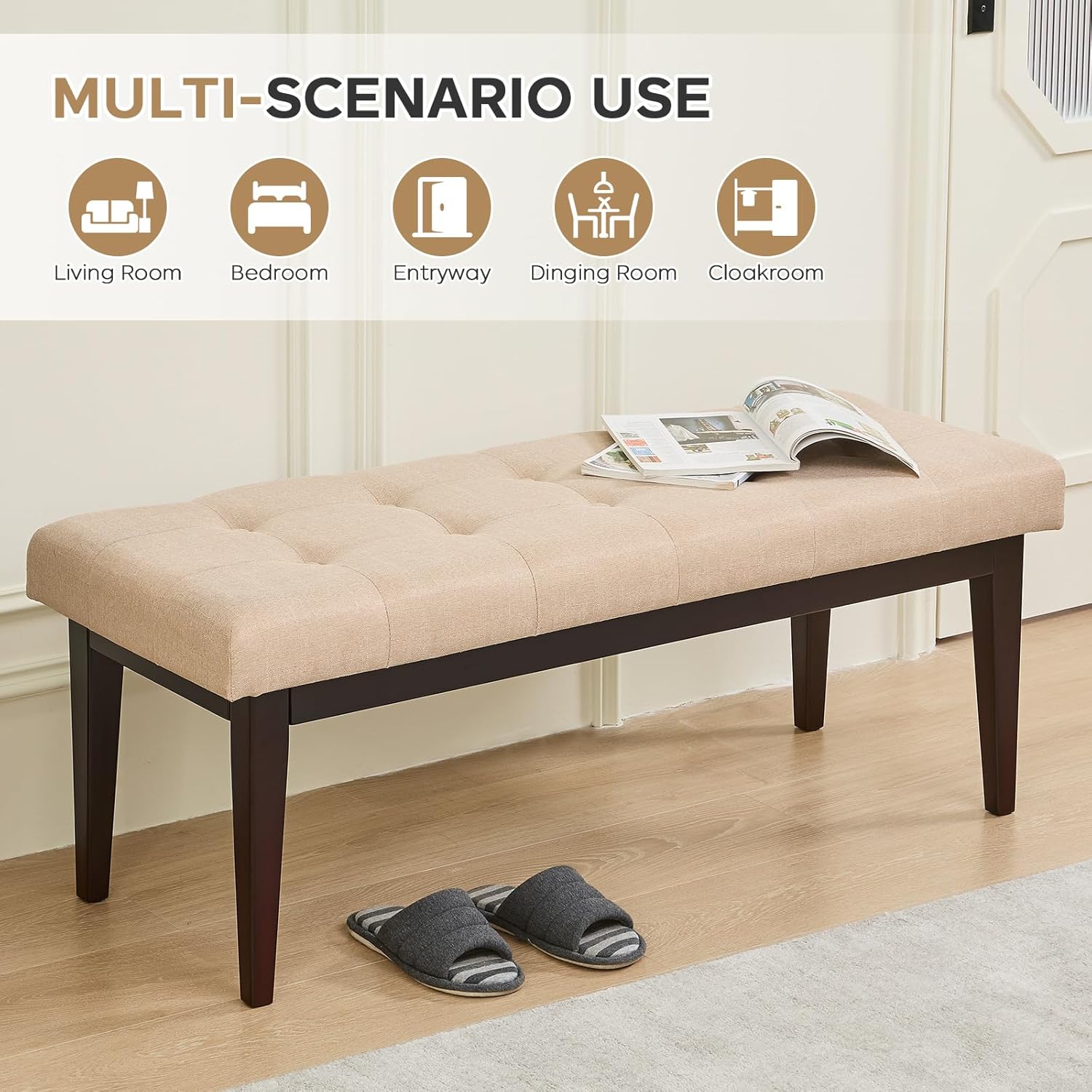 End of Bed Bench, 47.2" Linen Button-Tufted Upholstered Rubberwood Bench for Bedroom with Padded Cushion, Modern Shoe Bench Bedroom Bench for Living Room Entryway Dining Room Hallway, 300 LB, Beige