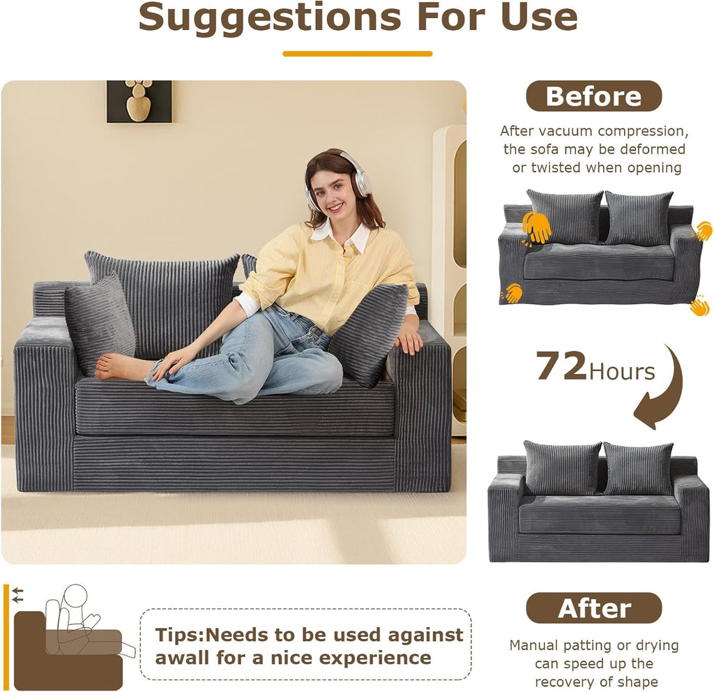Convertible Sofa Bed, 3 in 1 Loveseat Folding Couch Bed Foldable - Boneless Couch & Floor Futon Sleeper, Corduroy Pull Out Sofa Bed with 4 Pillows for Living Room, Grey
