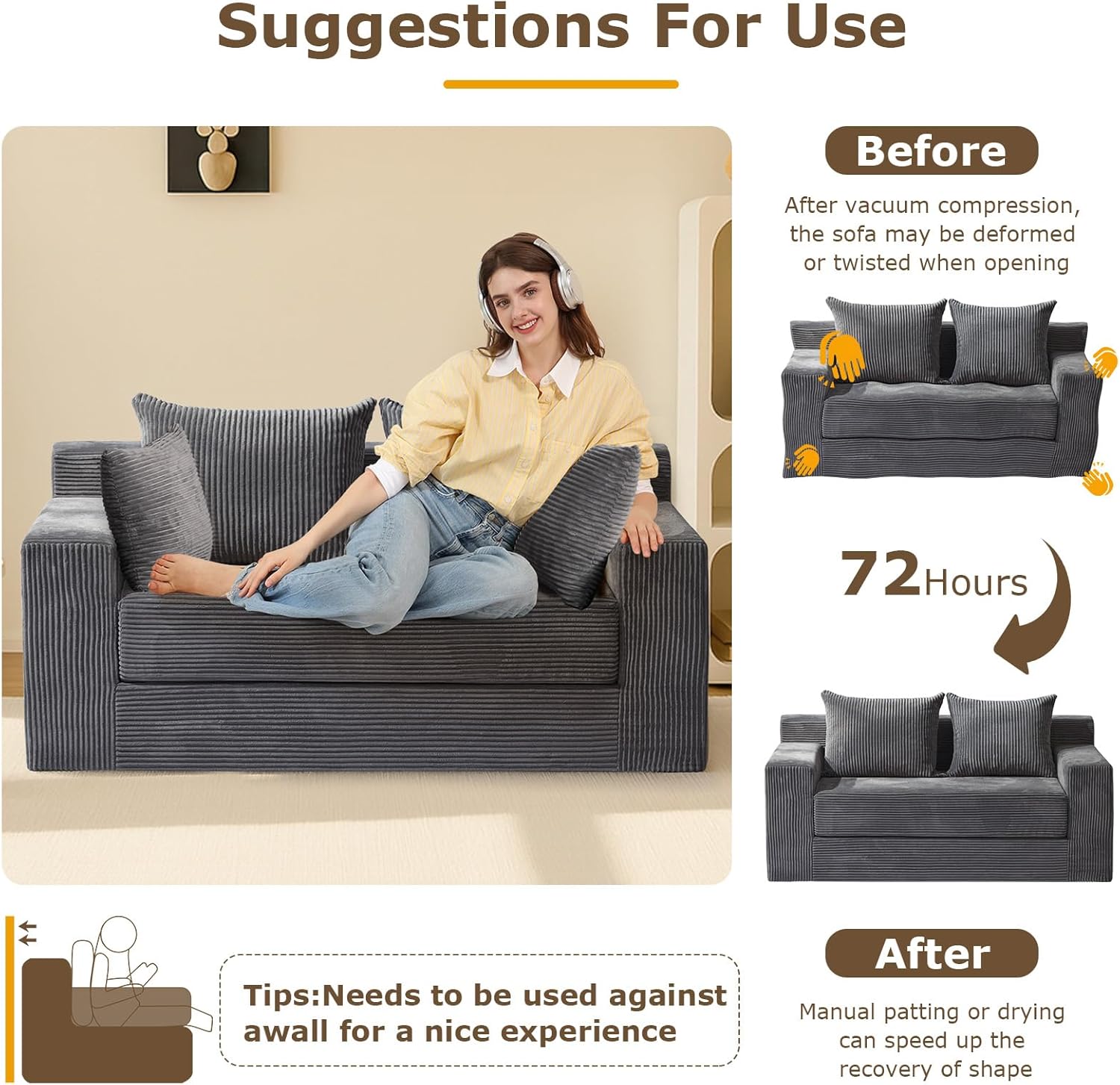 Convertible Sofa Bed, 3 in 1 Loveseat Folding Couch Bed Foldable - Boneless Couch & Floor Futon Sleeper, Corduroy Pull Out Sofa Bed with 4 Pillows for Living Room, Grey
