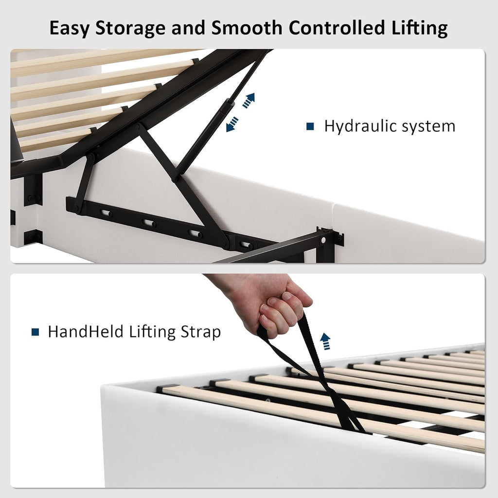 Queen Size Lift Up Storage Bed, Upholstered Velvet Platform Bed Frame with Wingback Headboard, Hydraulic System, Solid Wooden Slats Support, Easy Assembly, No Box Spring Needed, White