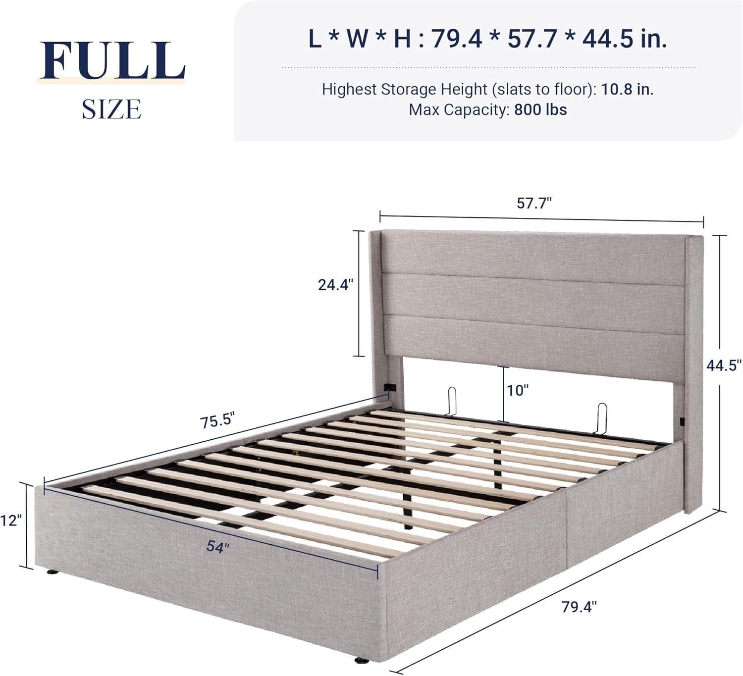 Allewie Full Size Lift Up Storage Bed, Modern Wingback Headboard, Hydraulic Support, No Box Spring Needed, Light Beige