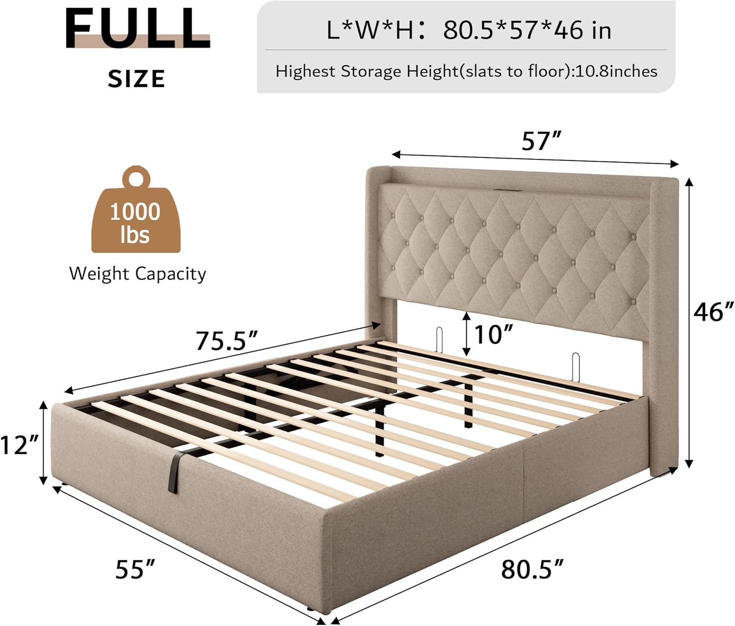 iPormis Full Size Lift Up Storage Bed Frame with Charging Station, Upholstered Platform Bed Frame with Tufted Headboard, Hydraulic Storage, No Box Spring Needed, Noise-Free, Easy Assembly, Beige