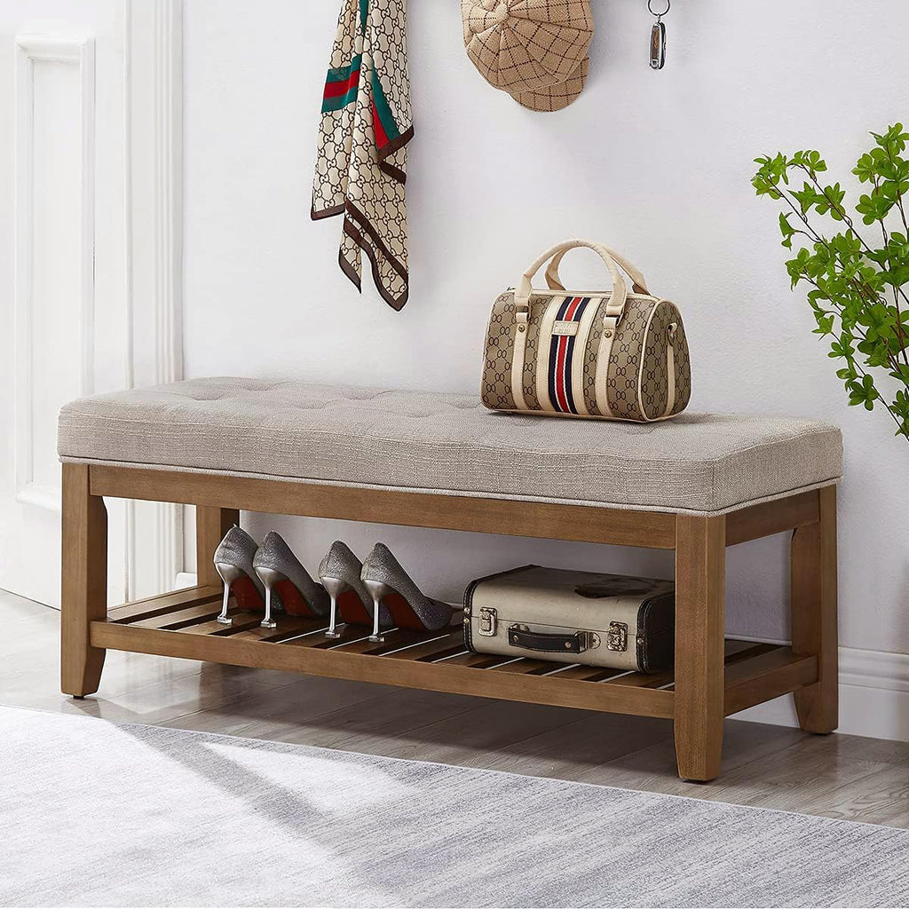 24KF Large Rectangular Upholstered Tufted Linen Fabric Ottoman Bench, Padded Bench with Solid Wood Shelf-Linen