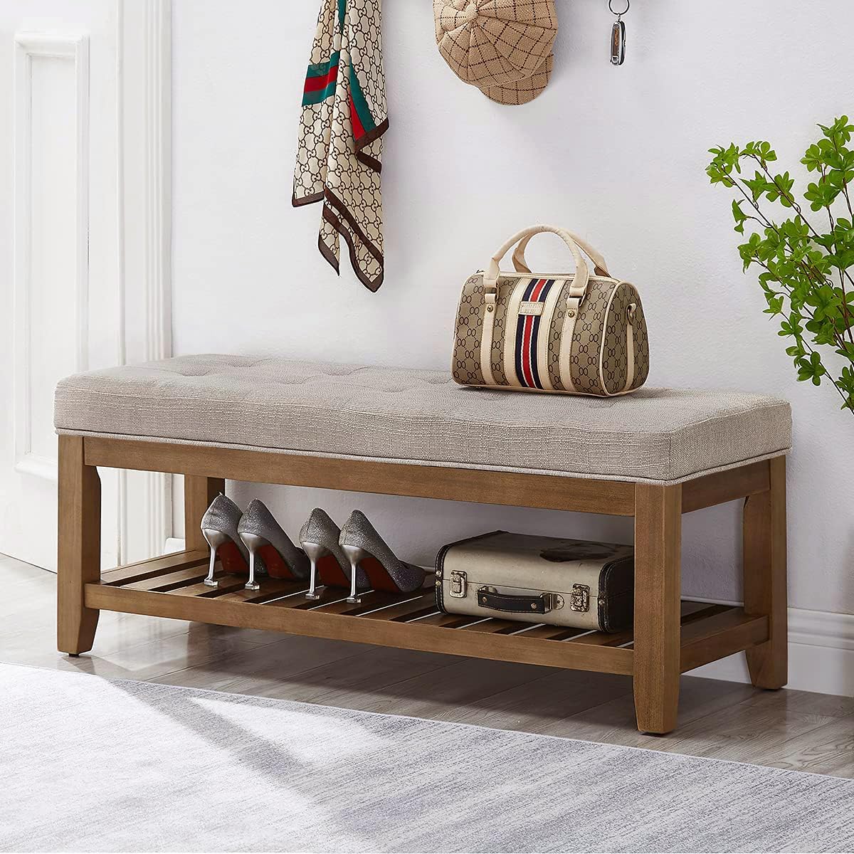 24KF Large Rectangular Upholstered Tufted Linen Fabric Ottoman Bench, Padded Bench with Solid Wood Shelf-Linen