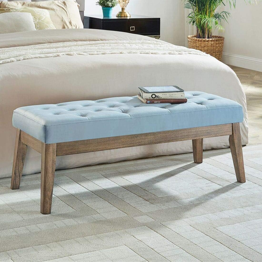 24KF Velvet Upholstered Buttons Tufted Entryway Bench with Solid Wood Leg,Bed Bench Ottoman with Padded Seat,5034-Taupe