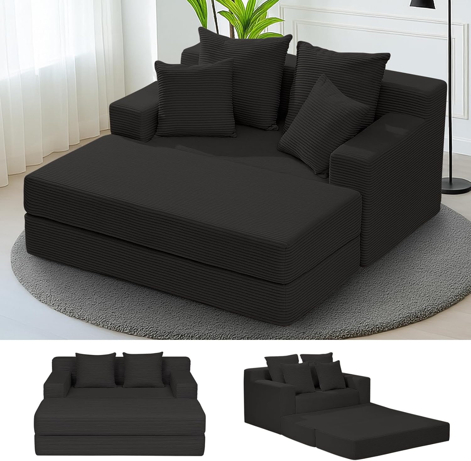 Convertible Sofa Bed, 3 in 1 Loveseat Folding Couch Bed Foldable - Boneless Couch & Floor Futon Sleeper, Corduroy Pull Out Sofa Bed with 4 Pillows for Living Room, Grey
