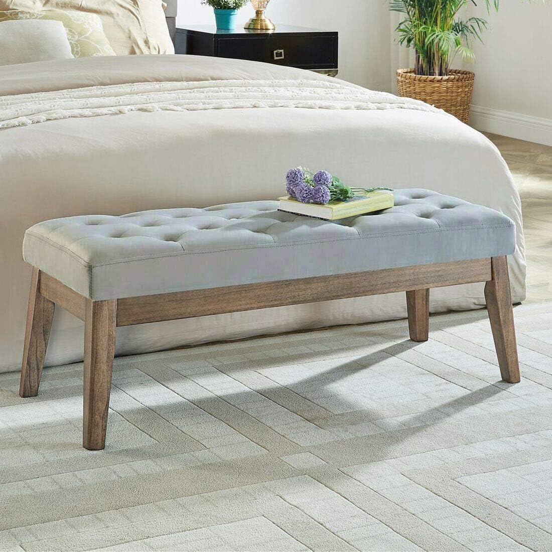 24KF Velvet Upholstered Buttons Tufted Entryway Bench with Solid Wood Leg,Bed Bench Ottoman with Padded Seat,5034-Taupe