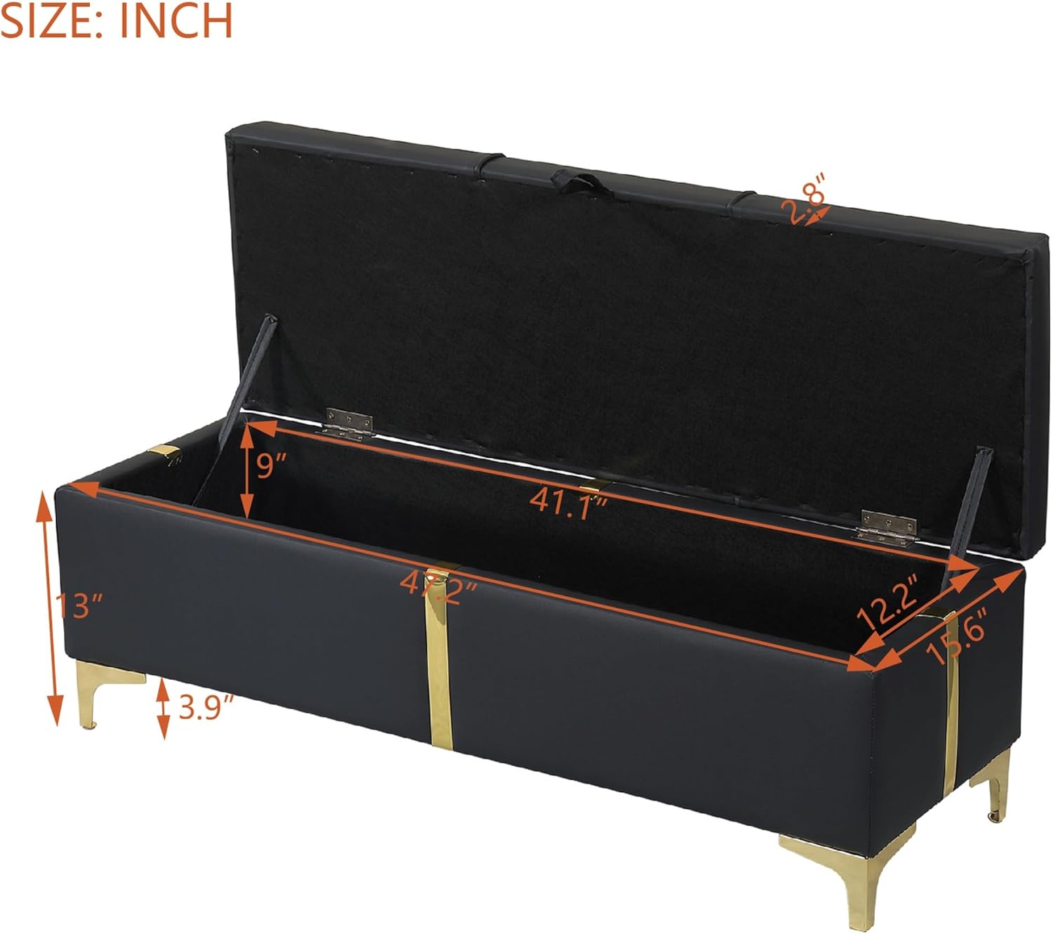 Elegant Black Upholstered Storage Ottoman Bench with Metal Legs, Fully Assembled PU Leather Seat for Living Room & Bedroom Organization