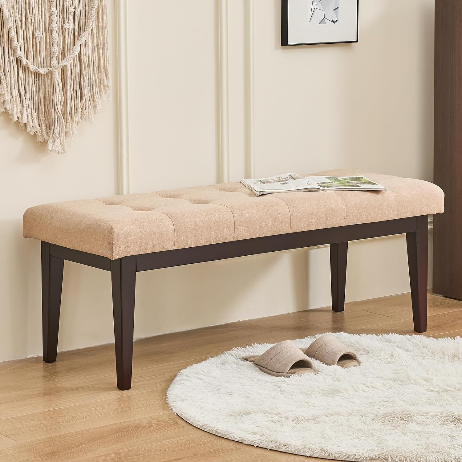 End of Bed Bench, 47.2" Linen Button-Tufted Upholstered Rubberwood Bench for Bedroom with Padded Cushion, Modern Shoe Bench Bedroom Bench for Living Room Entryway Dining Room Hallway, 300 LB, Beige