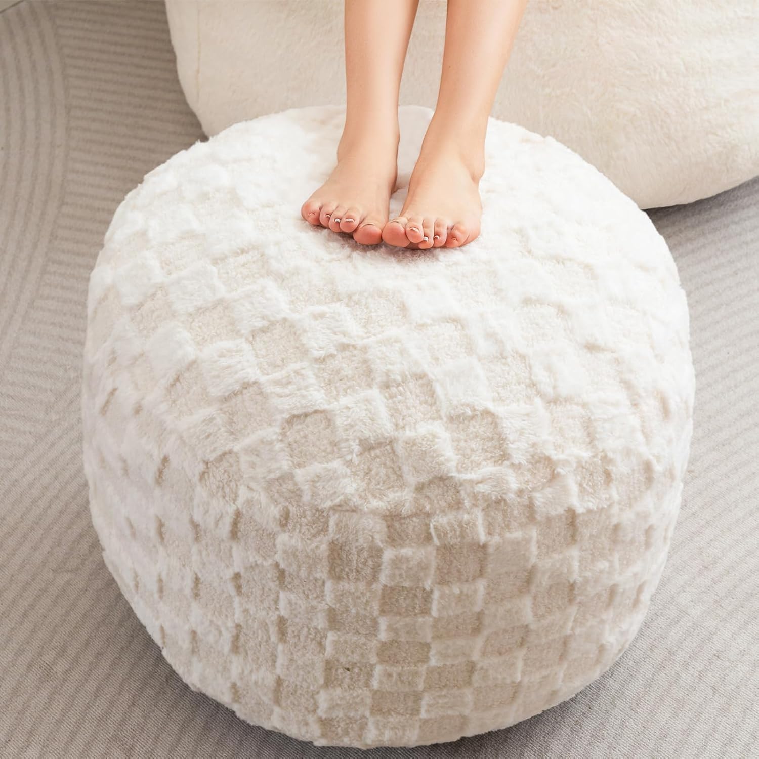 HIGOGOGO Round Stuffed Pouf Ottoman, Corduroy Poufs with Foam Chunk Filling, Furry and Fluffy Pouf Foot Stool Storage Ottoman, 26 X 18 Floor Poufs Foot Rest for Living Room, Dark Grey