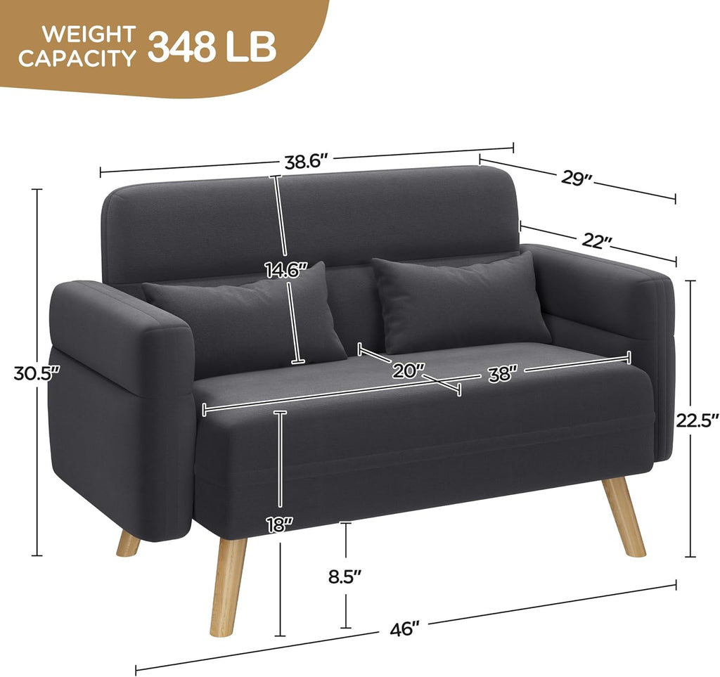 Yaheetech 46" Small Modern Fabric Sofa Loveseat Mid Century 2 Seater Sofa Couch with Lumbar Pillows, Solid Wood Legs for Living Room, Small Space, Dorm, Office, Bedroom, Dark Gray