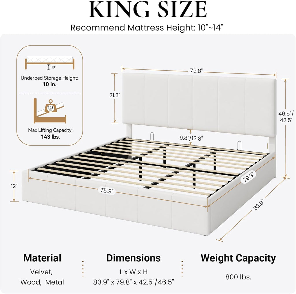 SHA CERLIN King Size Lift Up Storage Bed Frame, Adjustable Headboard, Hydraulic Support, Velvet Upholstered, Easy Installation, No Box Spring Needed, White