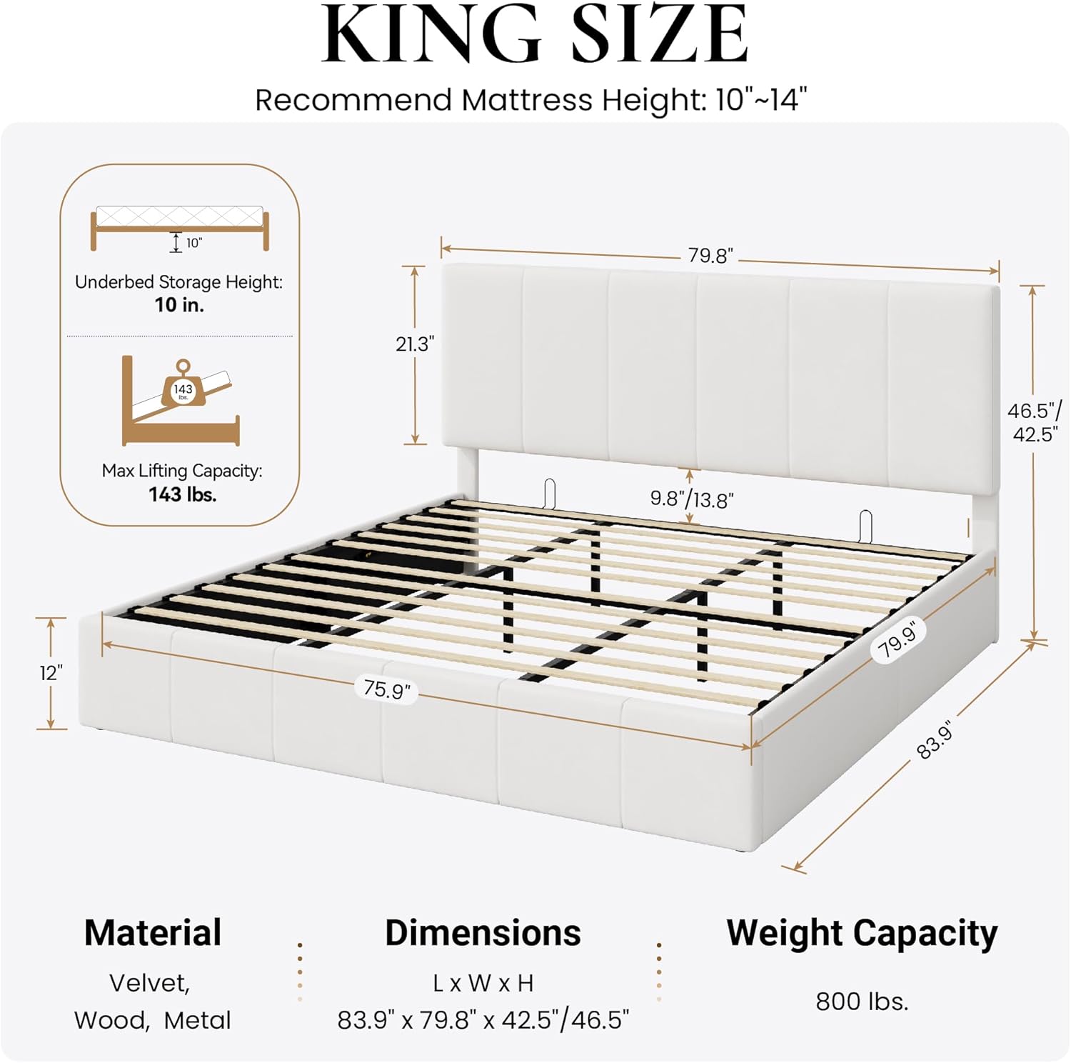SHA CERLIN King Size Lift Up Storage Bed Frame, Adjustable Headboard, Hydraulic Support, Velvet Upholstered, Easy Installation, No Box Spring Needed, White