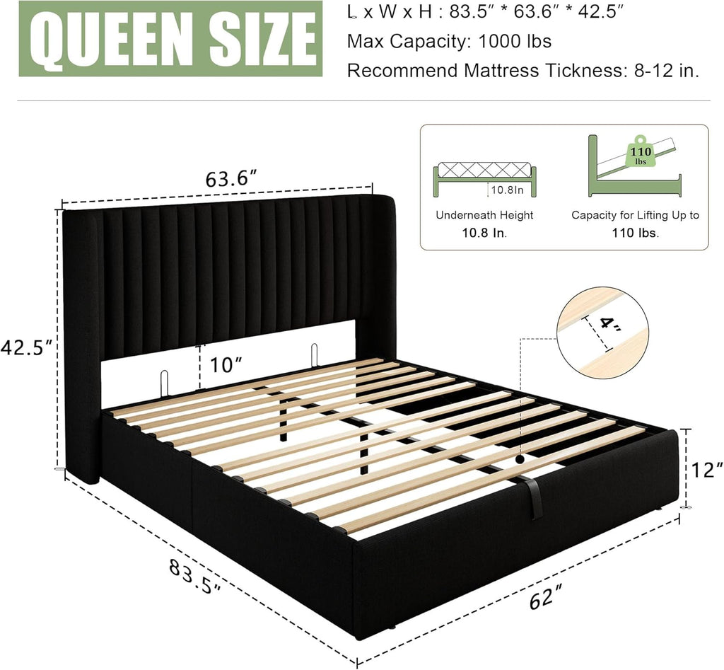 Feonase Queen Size Lift Up Storage Bed Frame, Linen Upholstered Platform Bed with Wingback Headboard, Hydraulic Storage, No Box Spring Needed, Black