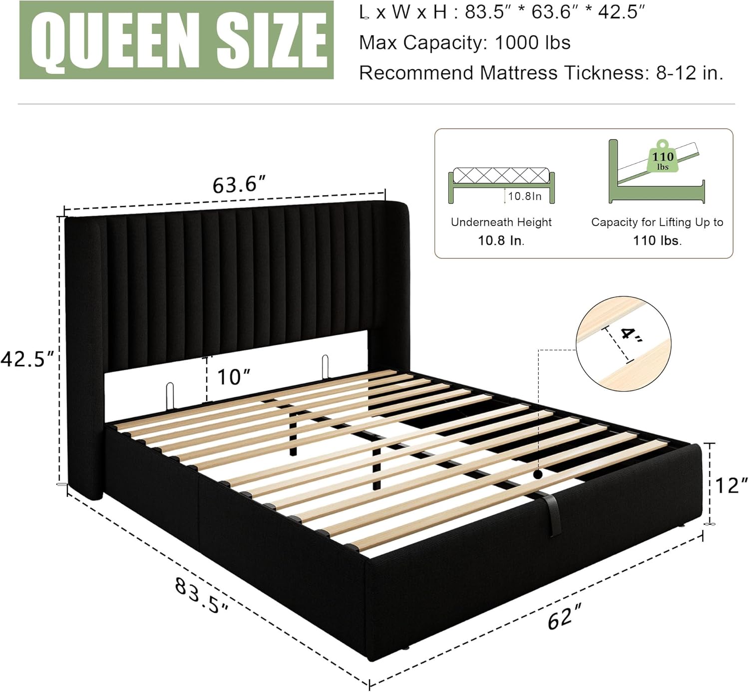 Feonase Queen Size Lift Up Storage Bed Frame, Linen Upholstered Platform Bed with Wingback Headboard, Hydraulic Storage, No Box Spring Needed, Black