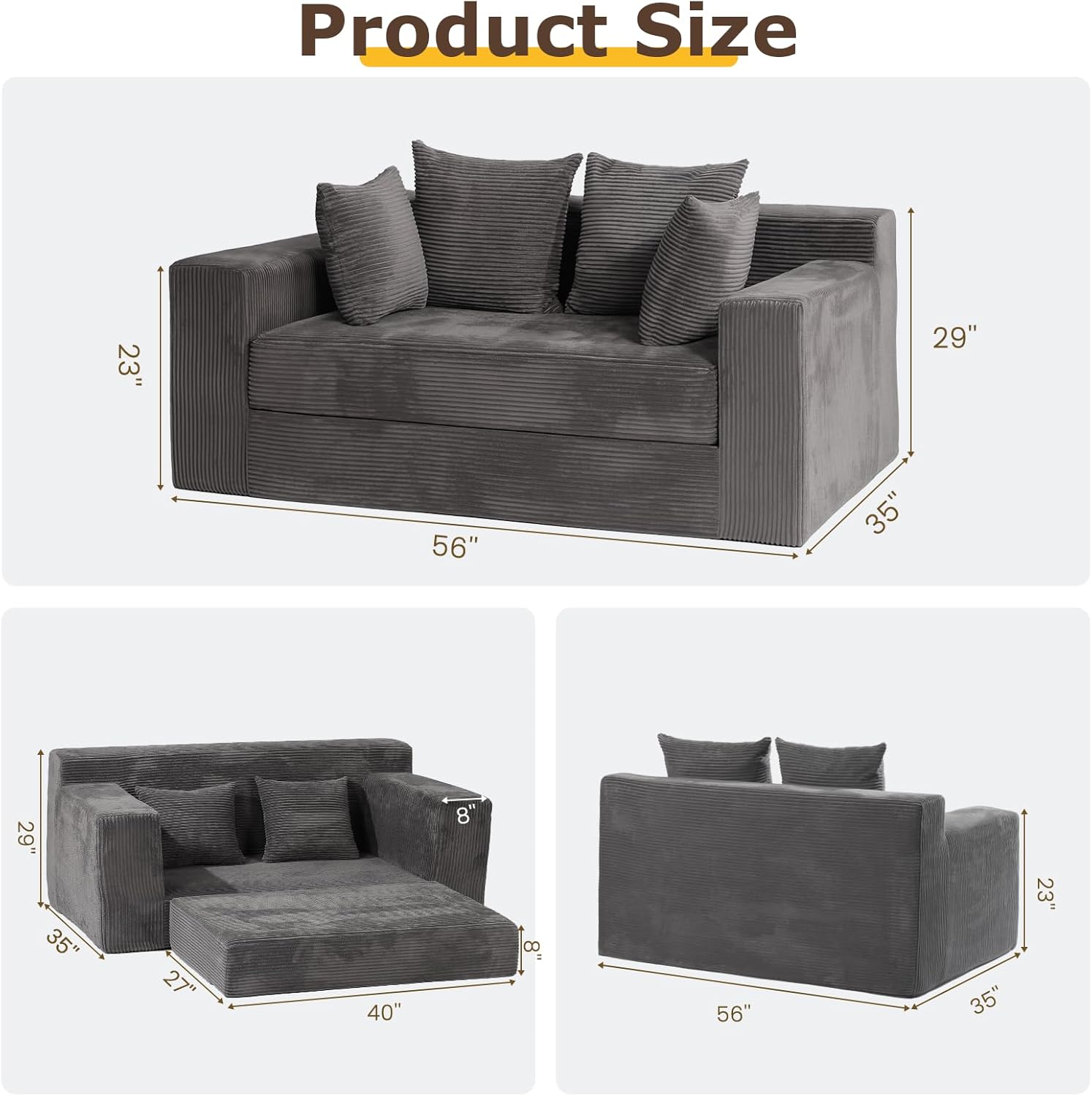 Convertible Sofa Bed, 3 in 1 Loveseat Folding Couch Bed Foldable - Boneless Couch & Floor Futon Sleeper, Corduroy Pull Out Sofa Bed with 4 Pillows for Living Room, Grey