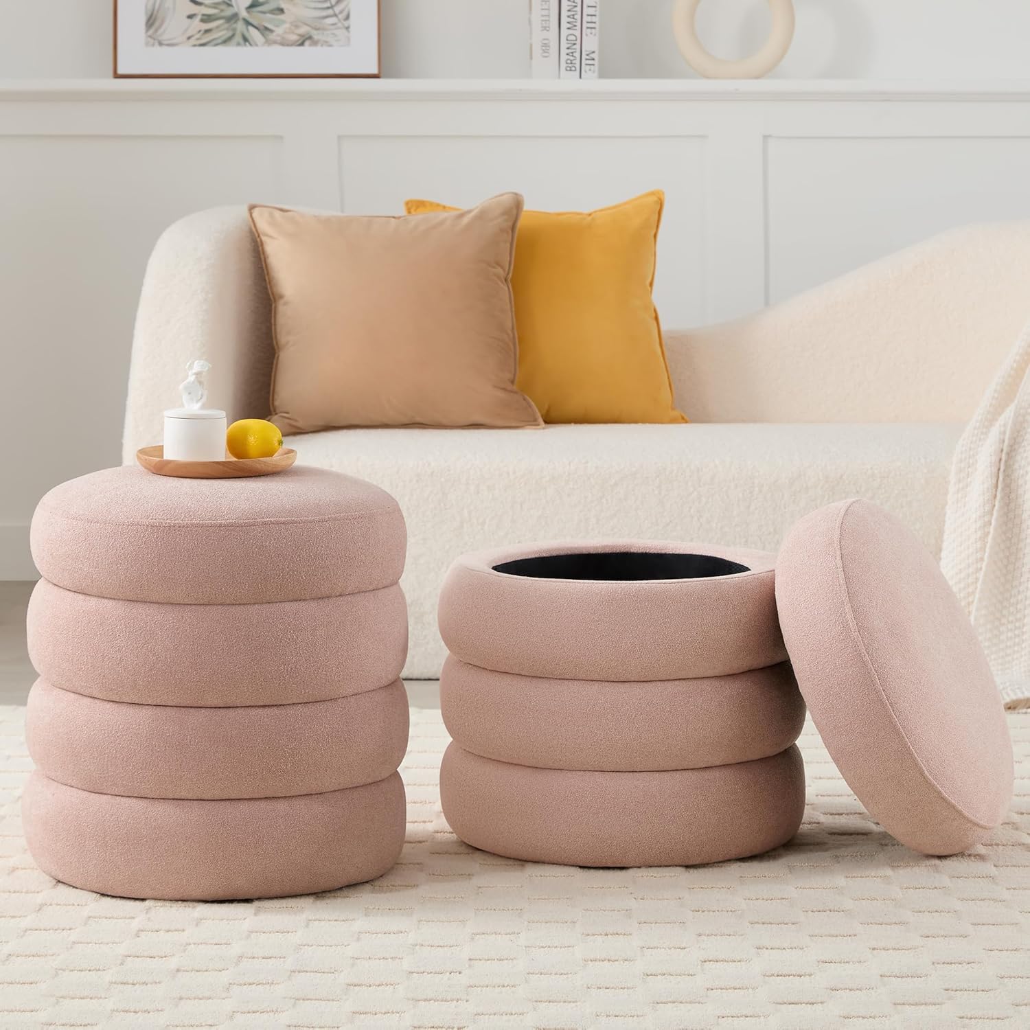 Storage Ottoman Bench 49.2 Inch Upholstered Fabric Storage Bench for Bedroom End of Bed Aesthetic Large Oval Ottoman for Living Room Entryway (Ivory)