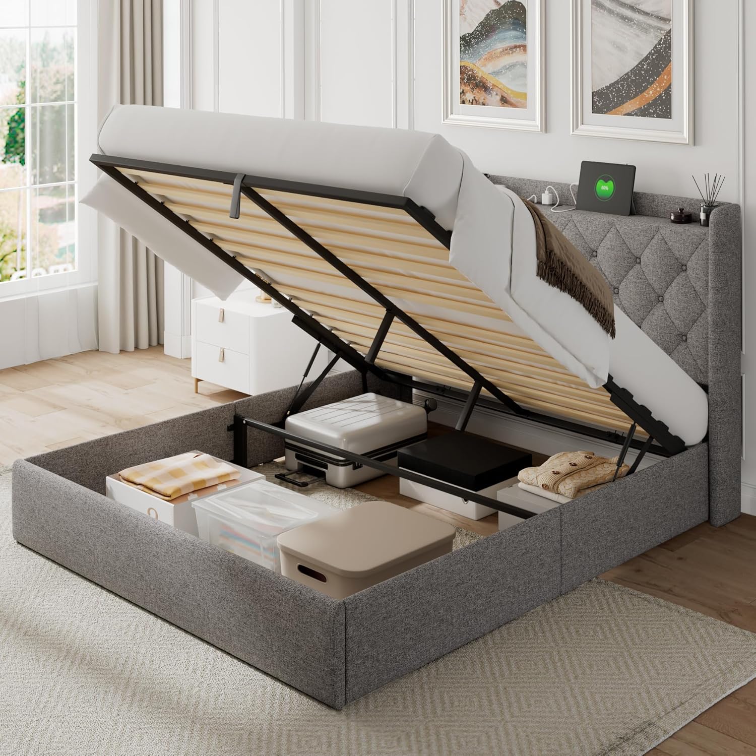 Feonase Full Size Bed Frame with Storage & Charging Station - Hydraulic Lift Up Platform Bed, Upholstered Button Tufted Headboard, Sturdy Wooden Slats, Noise-Free, No Box Spring Needed, Light Gray