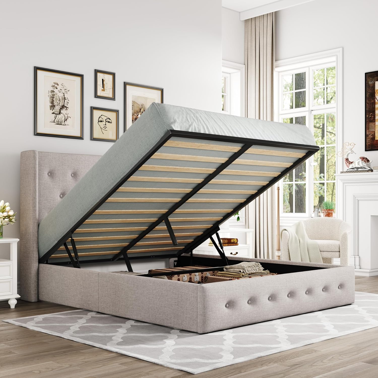 Allewie Full Size Lift Up Storage Bed, Modern Wingback Headboard, Hydraulic Support, No Box Spring Needed, Light Beige