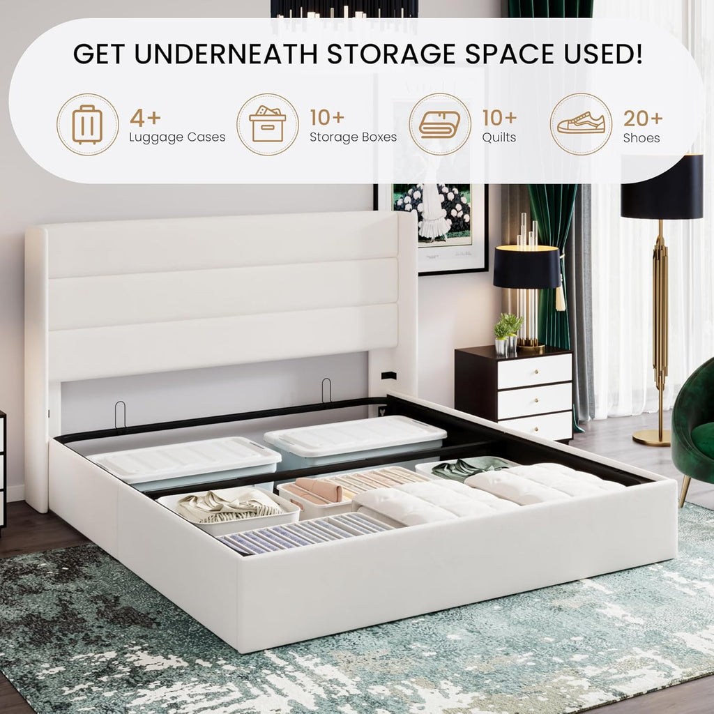 SHA CERLIN King Size Lift Up Storage Bed/Velvet Upholstered/Modern Wingback Headboard/Upholstered Platform Bed Frame/Hydraulic Storage/No Box Spring Needed/White