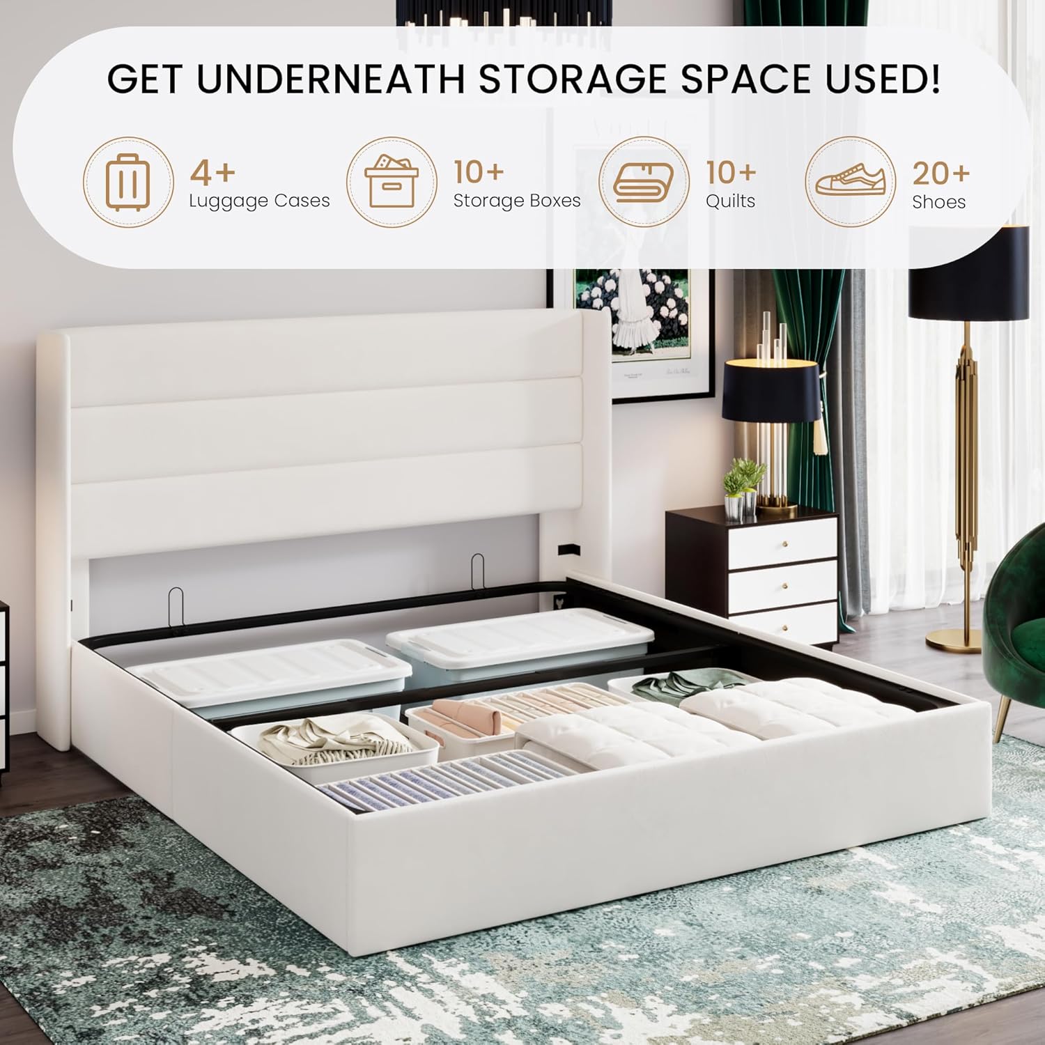 SHA CERLIN King Size Lift Up Storage Bed/Velvet Upholstered/Modern Wingback Headboard/Upholstered Platform Bed Frame/Hydraulic Storage/No Box Spring Needed/White