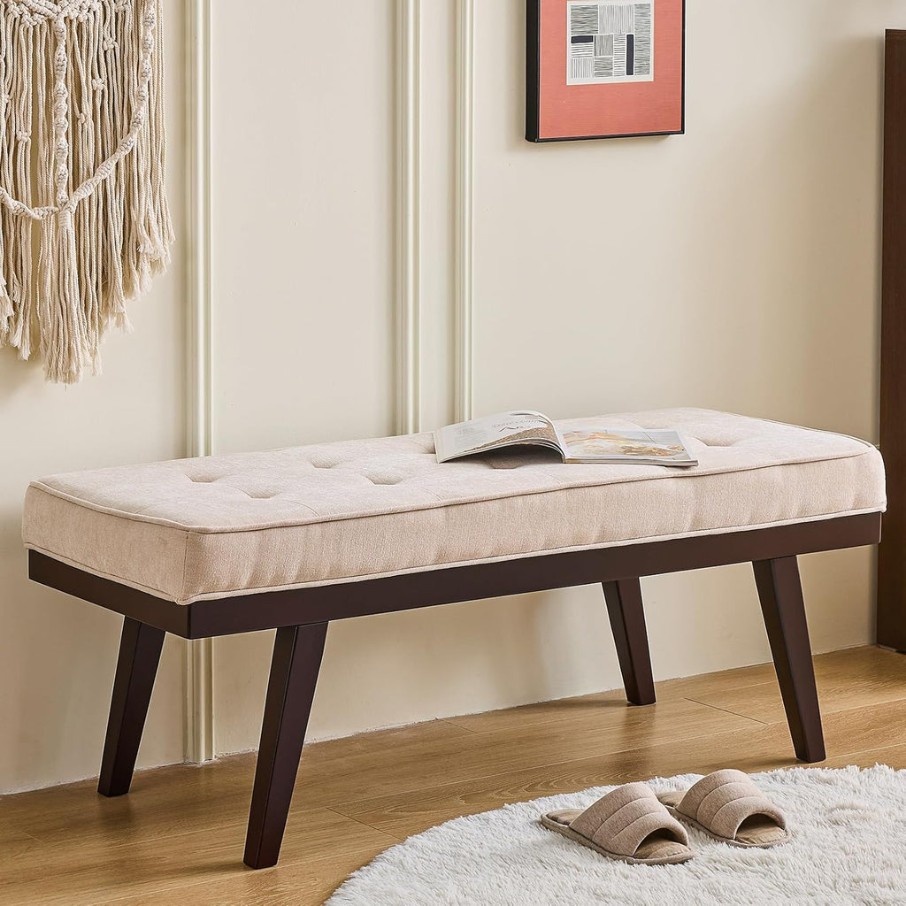 End of Bed Bench, 47.2" Linen Button-Tufted Upholstered Rubberwood Bench for Bedroom with Padded Cushion, Modern Shoe Bench Bedroom Bench for Living Room Entryway Dining Room Hallway, 300 LB, Beige