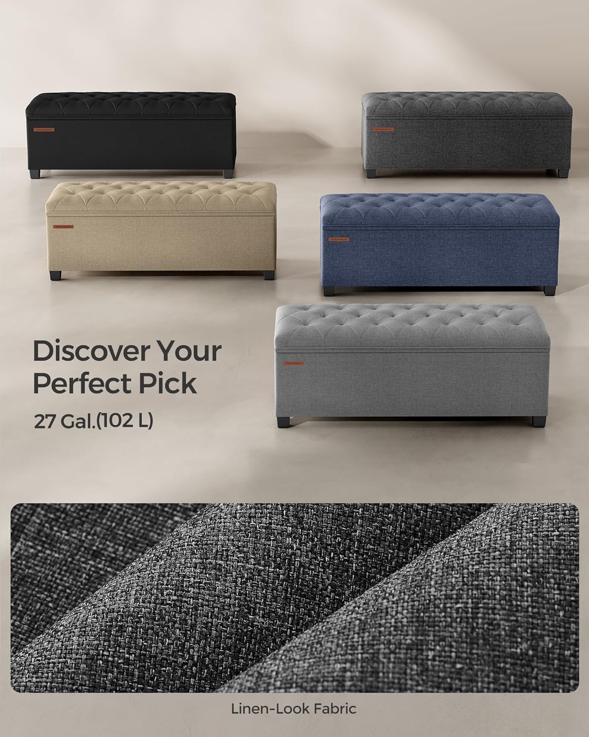 SONGMICS Storage Ottoman Bench, Foot Rest with Legs, 15.7 x 43.3 x 15.7 Inches, End of Bed Bench, Storage Chest, Load up to 660 lb, for Living Room, Bedroom, Entryway, Dark Gray ULSF088G01