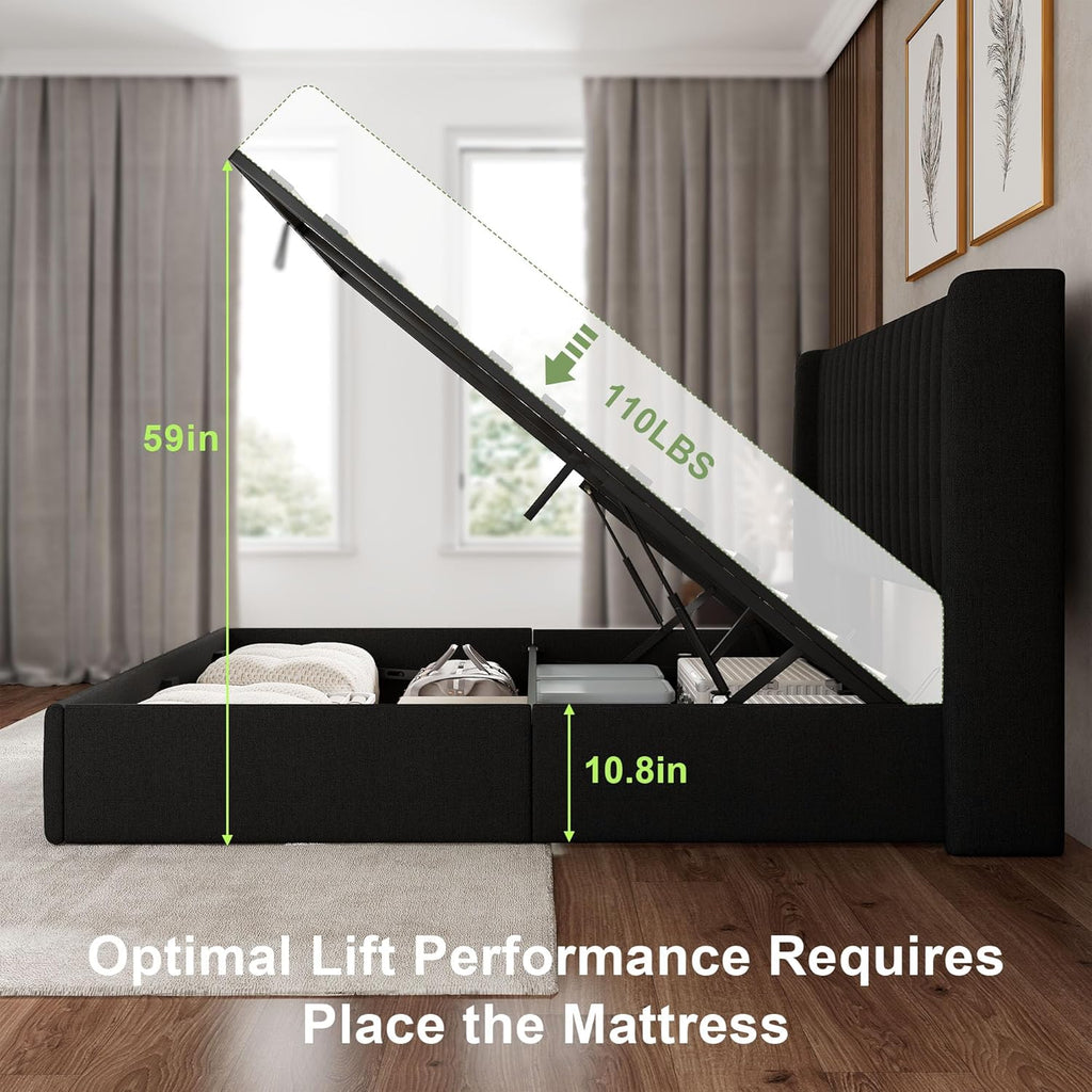Feonase Queen Size Lift Up Storage Bed Frame, Linen Upholstered Platform Bed with Wingback Headboard, Hydraulic Storage, No Box Spring Needed, Black