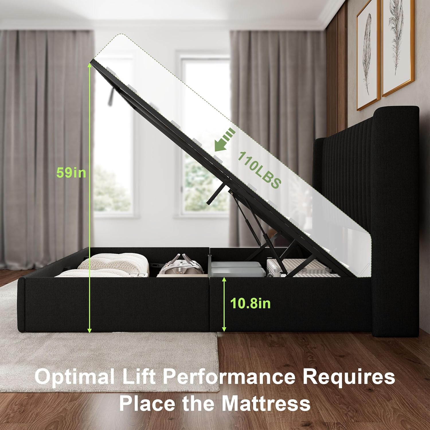 Feonase Queen Size Lift Up Storage Bed Frame, Linen Upholstered Platform Bed with Wingback Headboard, Hydraulic Storage, No Box Spring Needed, Black