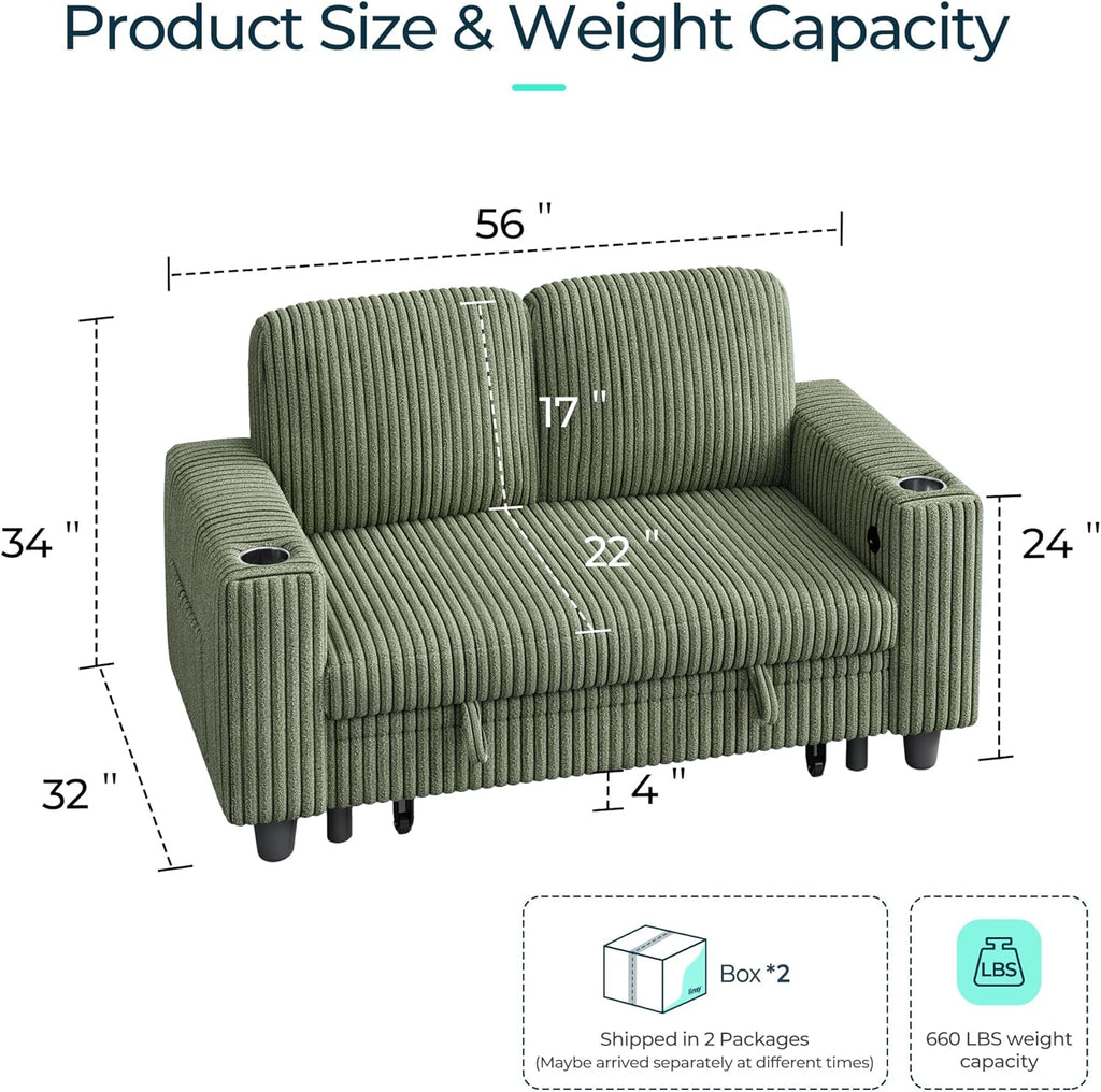 LINSY HOME Loveseat Sofa with Storage, Plush Corduroy Love Seat Couch Sectional Couches for Small Space Living Room Apartment Bedroom (Green)