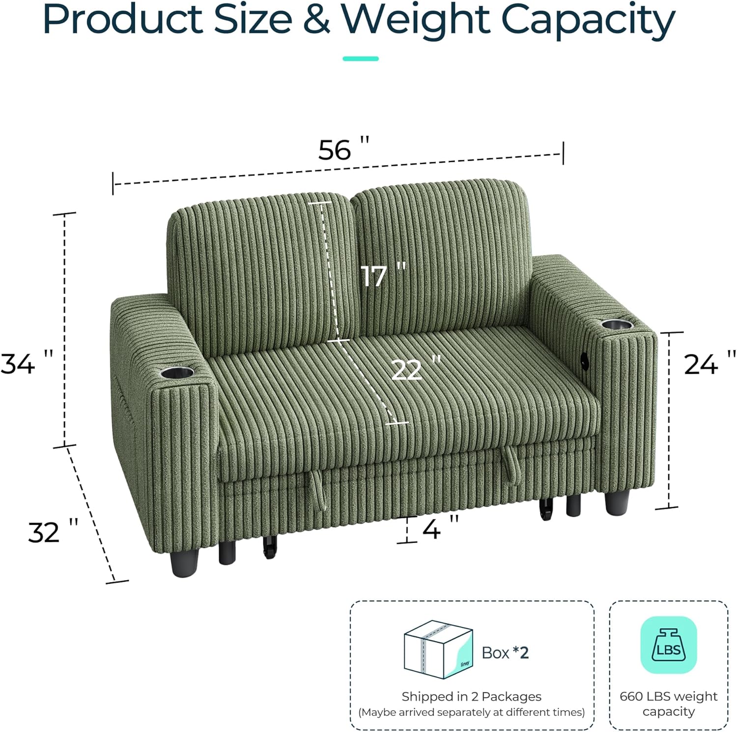LINSY HOME Loveseat Sofa with Storage, Plush Corduroy Love Seat Couch Sectional Couches for Small Space Living Room Apartment Bedroom (Green)